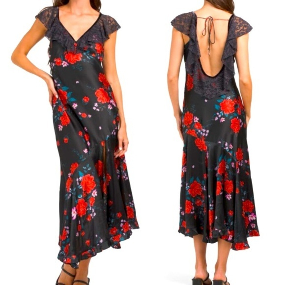 Free People Warm Hearts Lace & Satin Midi Dress, Black Multi size XS NWT